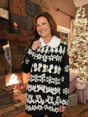 Michael Simon Sweater Embroidered Beaded Floral Black White Sz S Vtg 1998